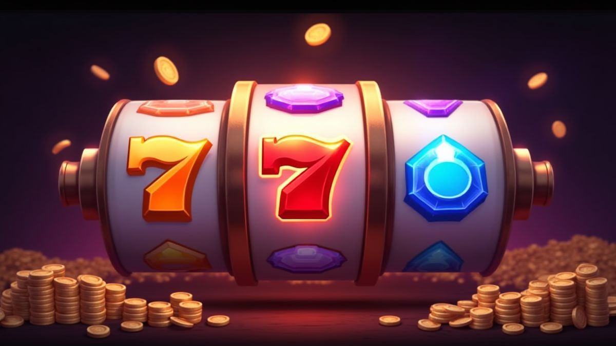 Three slot reels displaying coins and gems with a glowing multiplier symbol.