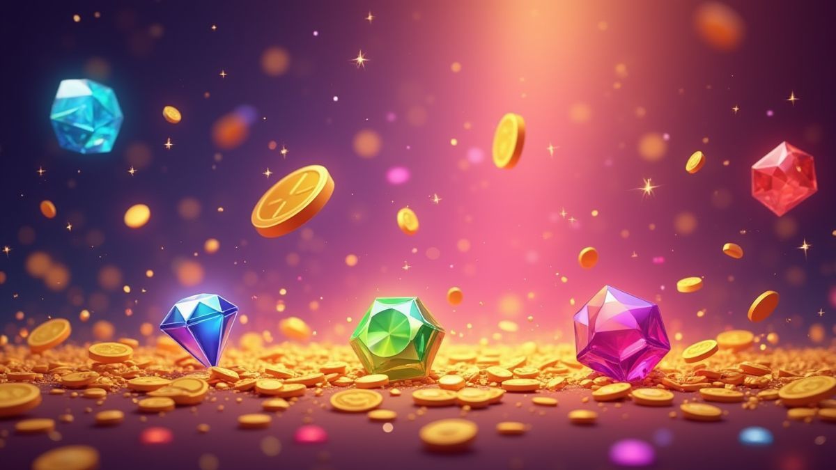 Colorful scene with slot symbols like gold coins and gems in a bright animated style.