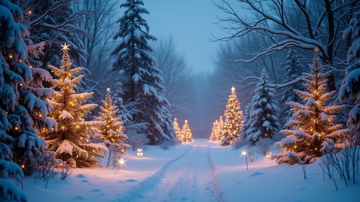 Verschneite Landschaft mit geschmückten Weihnachtsbäumen und warmen Lichtern.