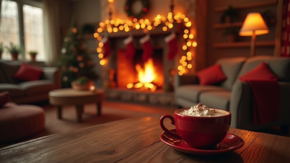 Gemütliches Wohnzimmer mit Kamin und einer Tasse heißen Kakao.