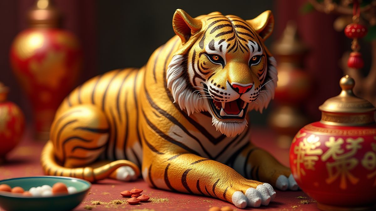 A golden tiger surrounded by traditional Chinese artifacts.