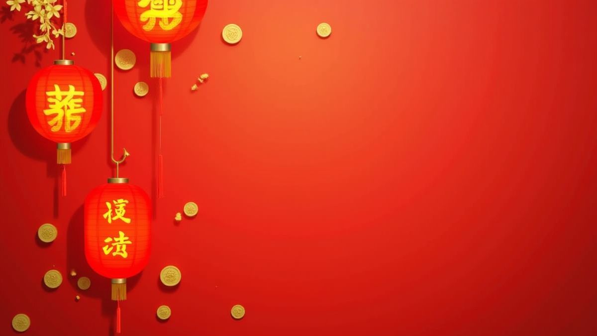 Chinese lanterns and golden coins in a vibrant background.