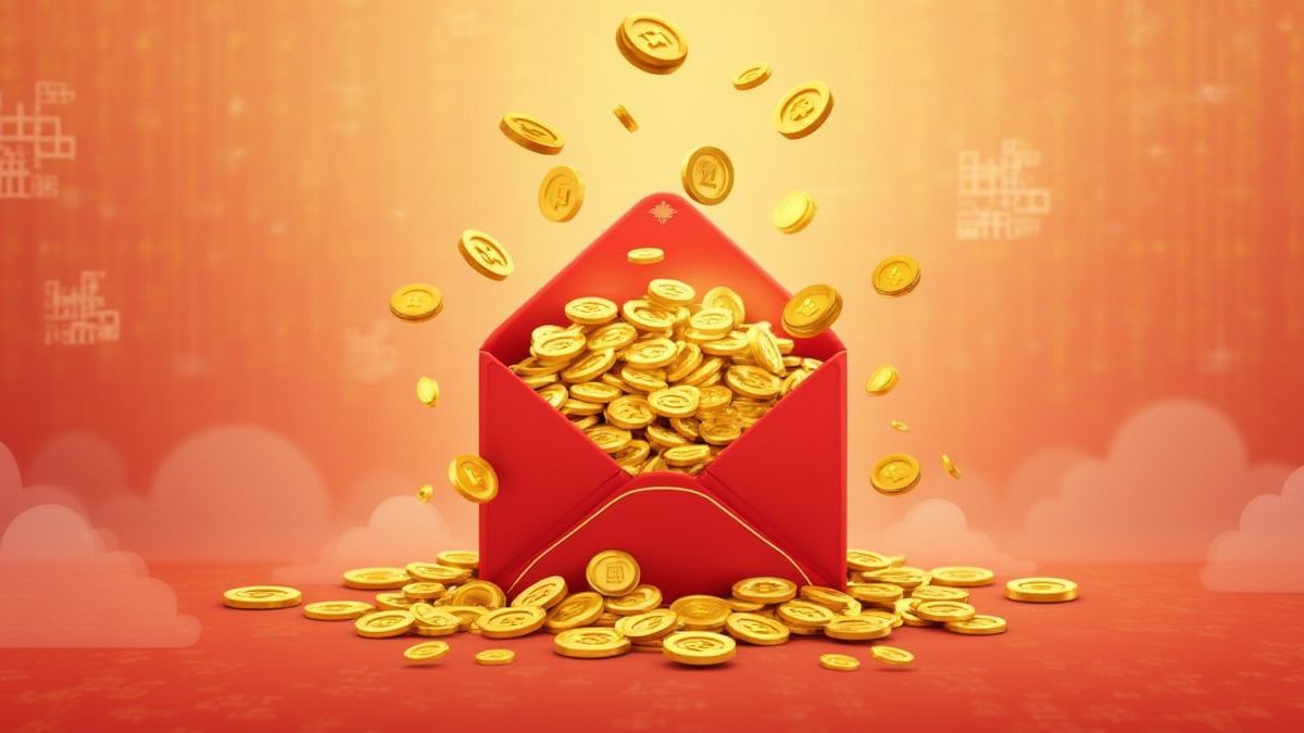 Ilustración de monedas doradas cayendo de un sobre rojo sobre un fondo asiático.