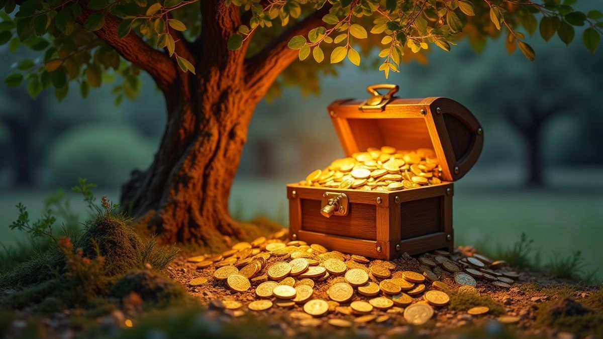 Gold coins spilling from a treasure chest beneath a glowing tree.