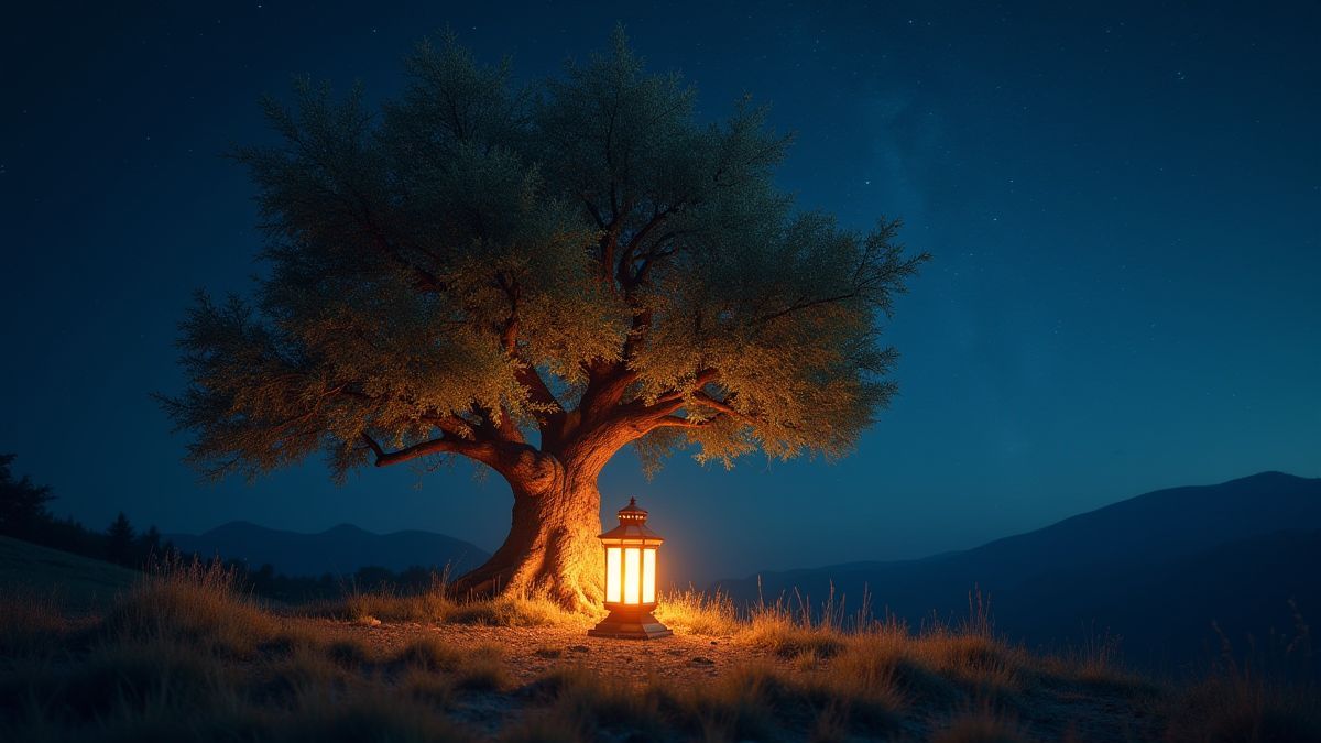 Bright lantern beside a magical tree in a nighttime setting.