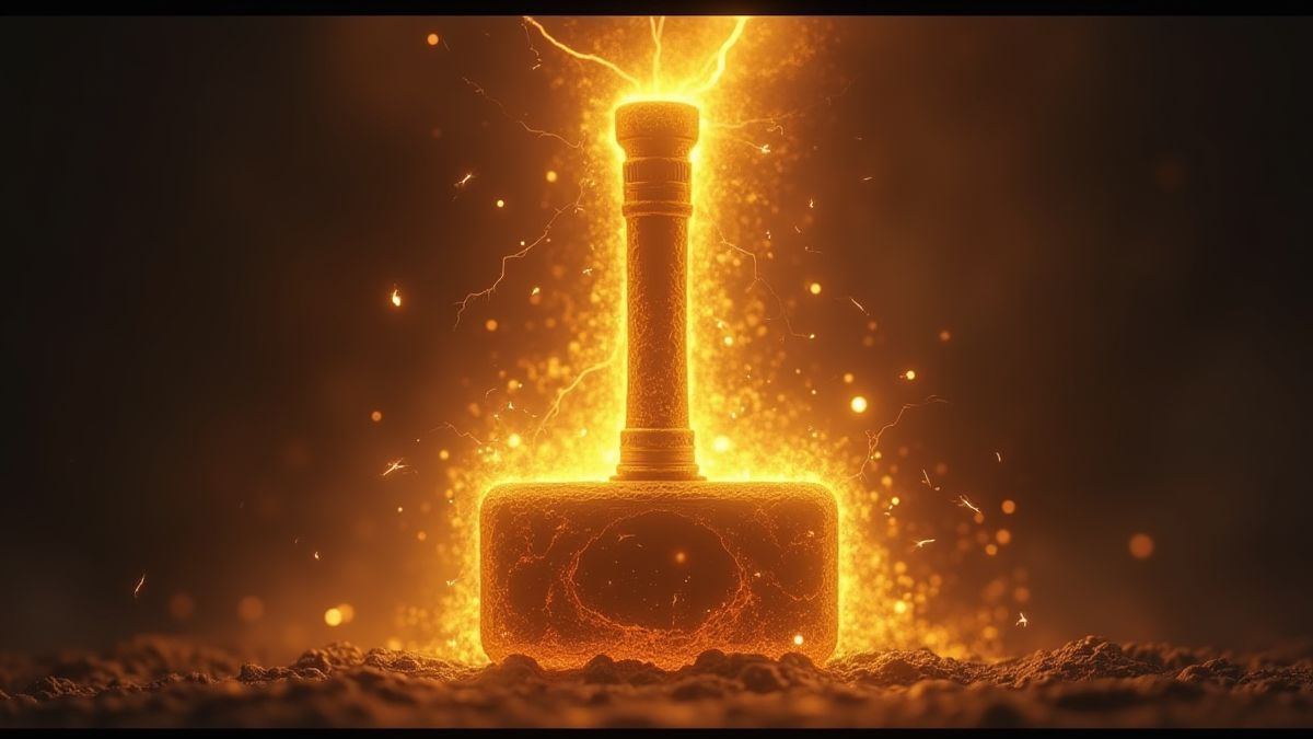 El martillo dorado de Thor rodeado de rayos.