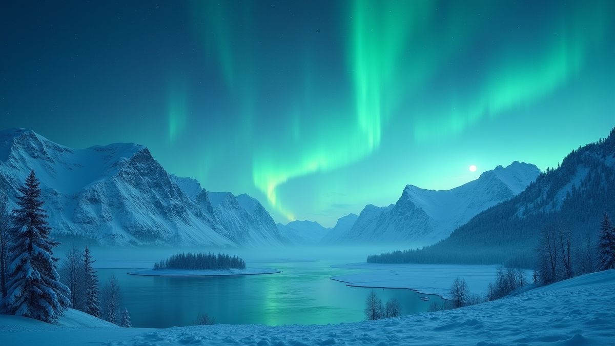 Paisaje nórdico místico con auroras brillantes y montañas nevadas.