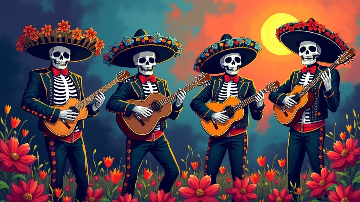 Esqueletos mariachi tocando música em um festival do Dia de los Mortos.