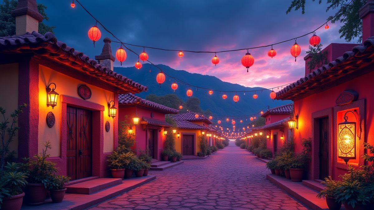 Paisagem de um povoado mexicano decorado para o Dia de los Mortos.