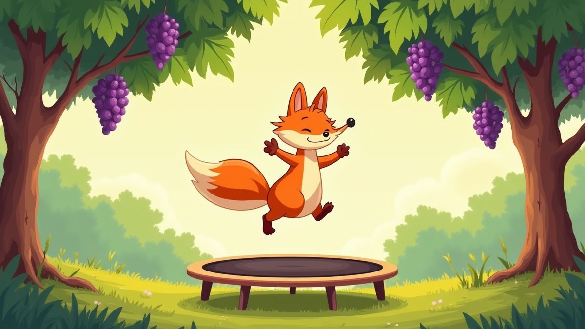 Vos die springt op een trampoline onder een druivenboom, cartoonstijl.