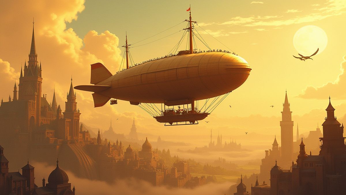 Dirigible steampunk sobre una ciudad dorada futurista.