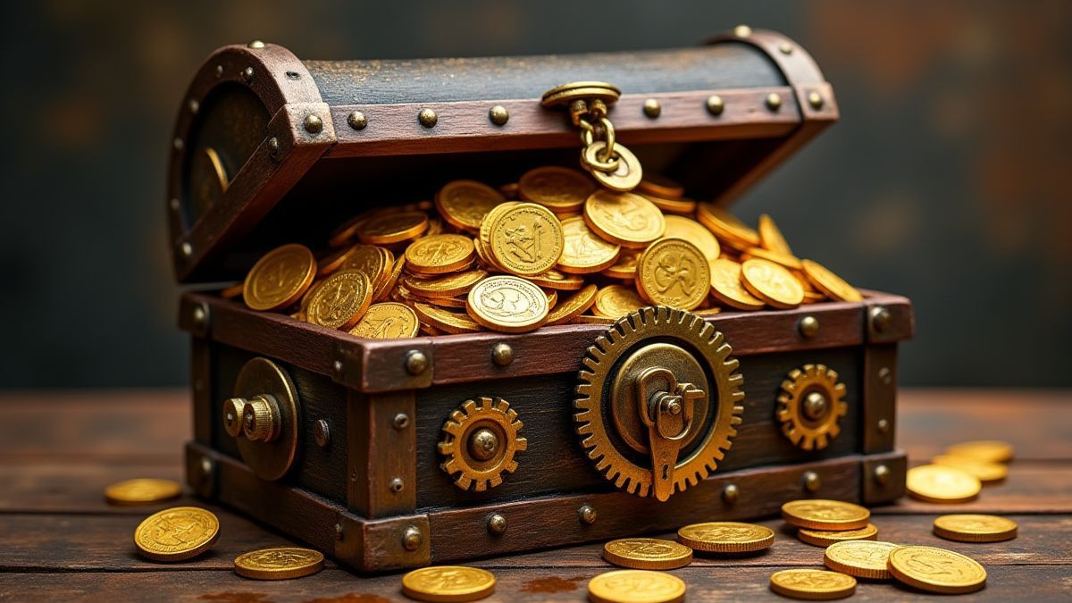 Un cofre del tesoro steampunk lleno de monedas de oro y engranajes.