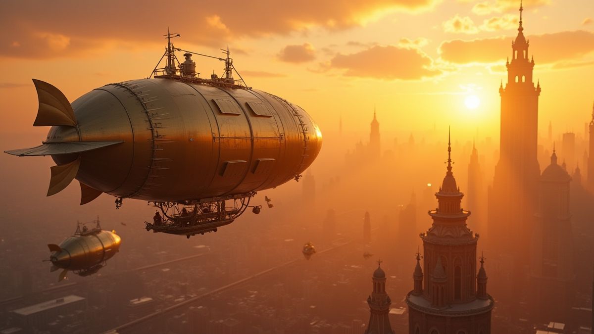Dirigibles dorados steampunk sobre una ciudad futurista al atardecer.