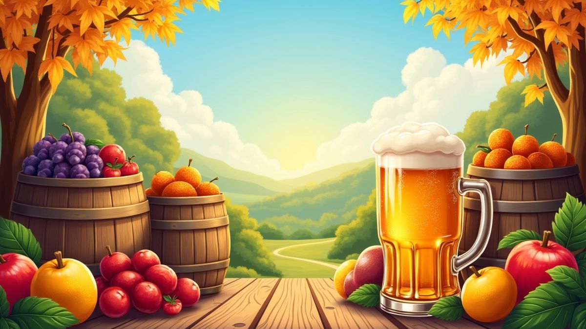 Beer barrels and fruits in an Oktoberfest scene