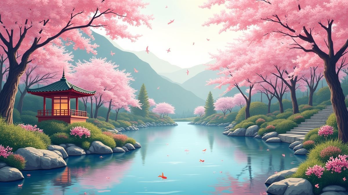 Un jardín asiático con cerezos en flor y estanques de koi.