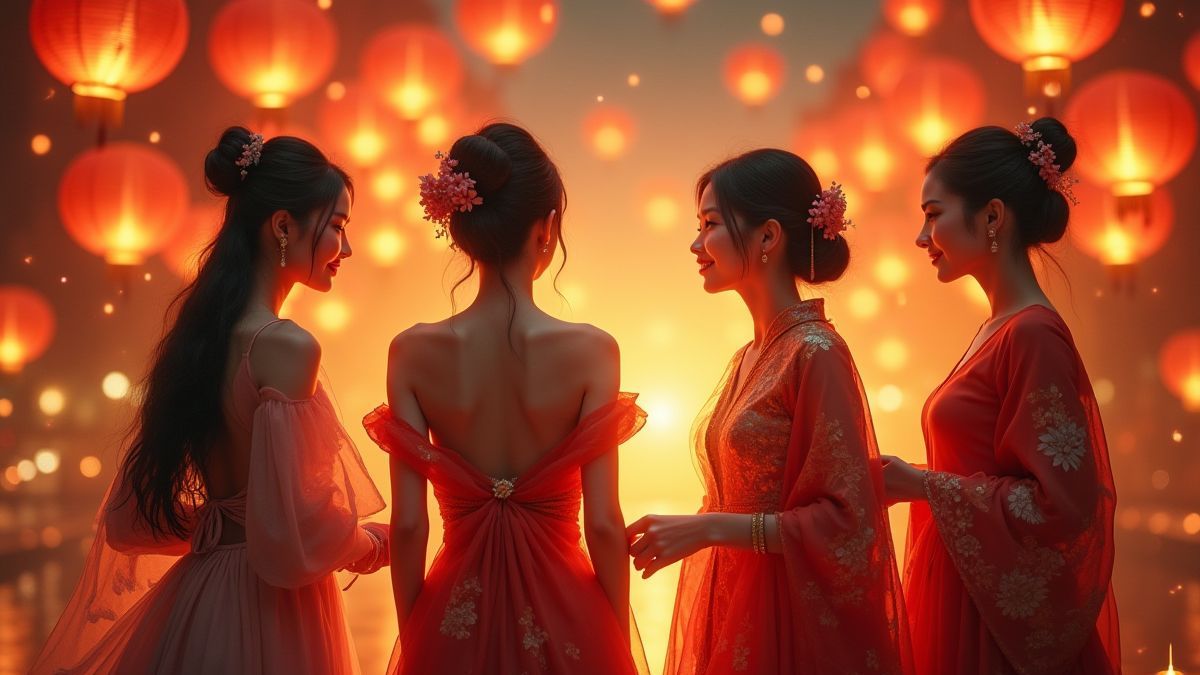 Cuatro mujeres asiáticas celebrando un festival con farolillos.