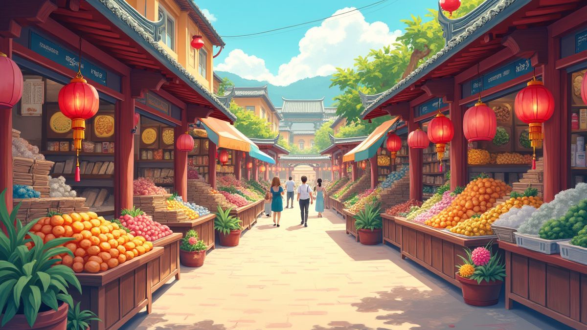 Un mercado asiático con puestos tradicionales y decoraciones vibrantes.