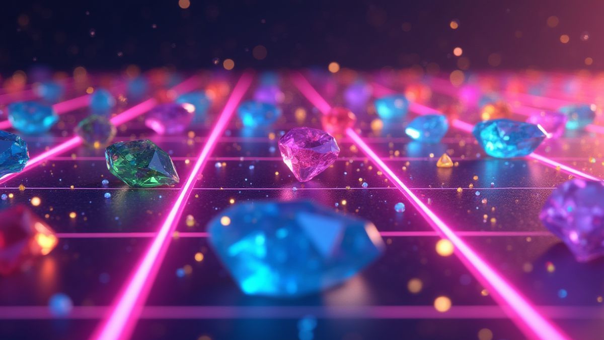 Símbolos coloridos flutuando em uma grade de néon.