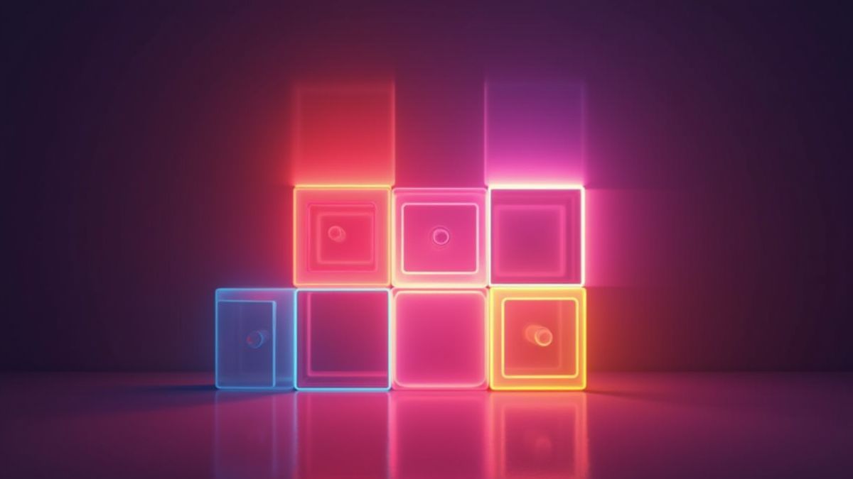 Uma grade 4x4 com formas geométricas e cores vivas.