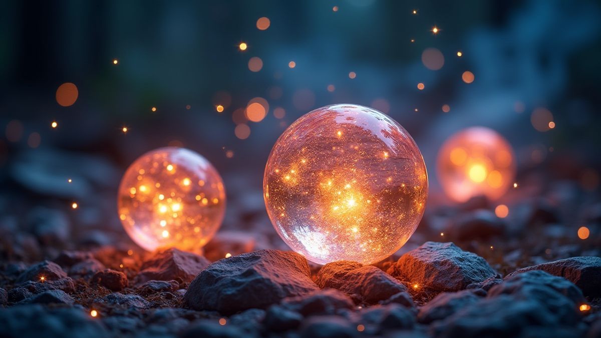 Gloeiende kristallen bollen omringd door mystieke symbolen.