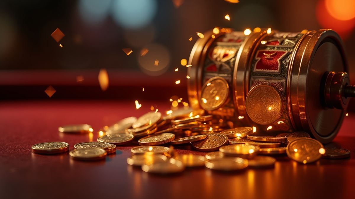 Munten en gloeiende rollen in een casino-omgeving.