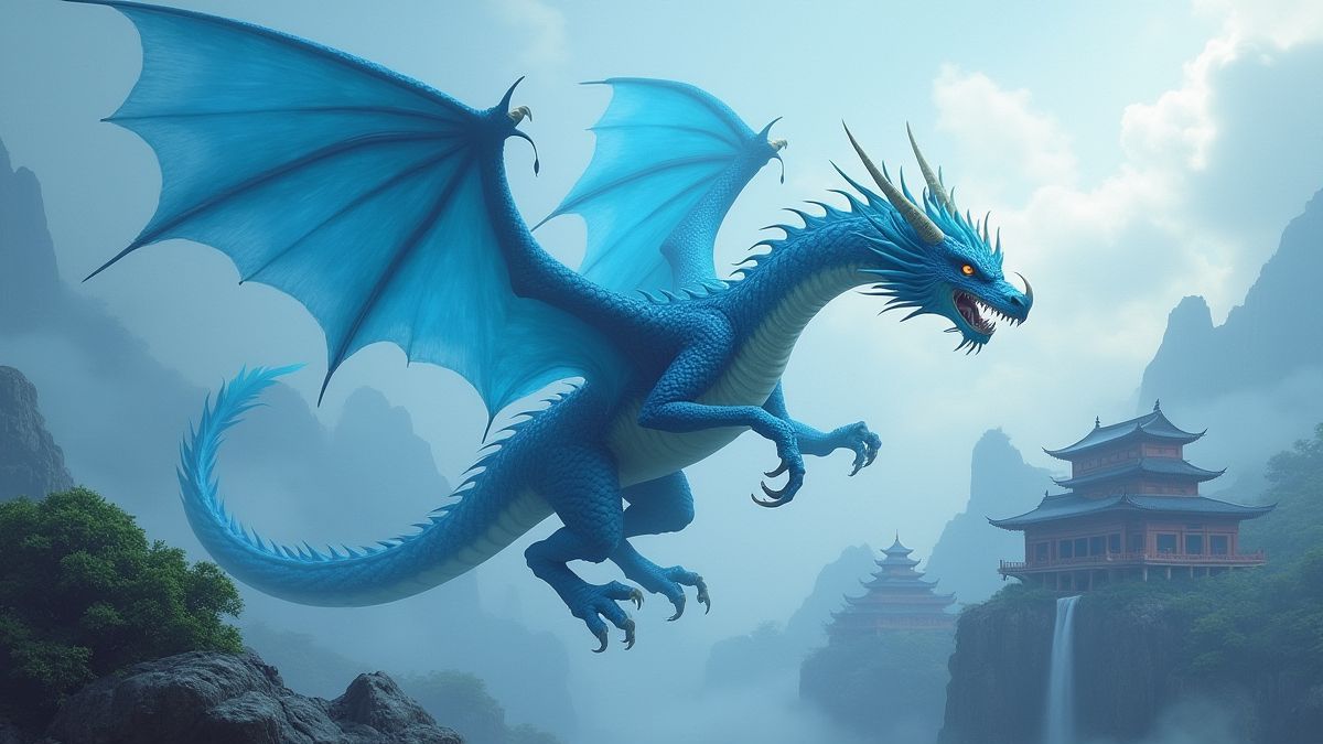 Dragón azul sobre templos antiguos.