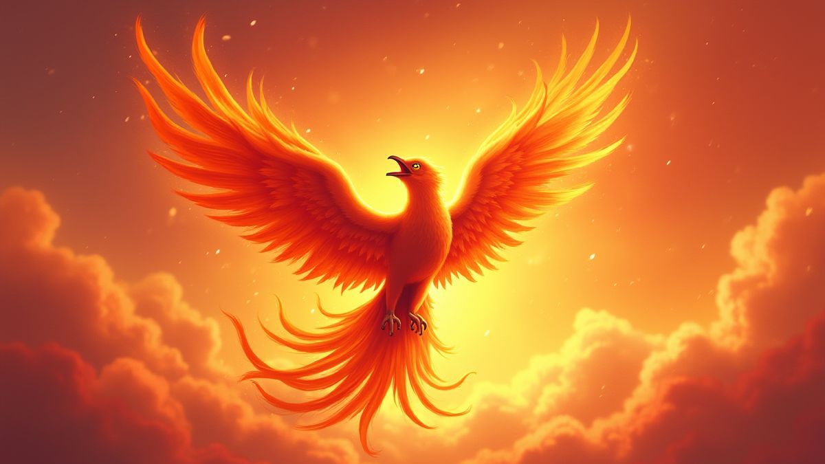 Un fénix volando en un cielo lleno de llamas.