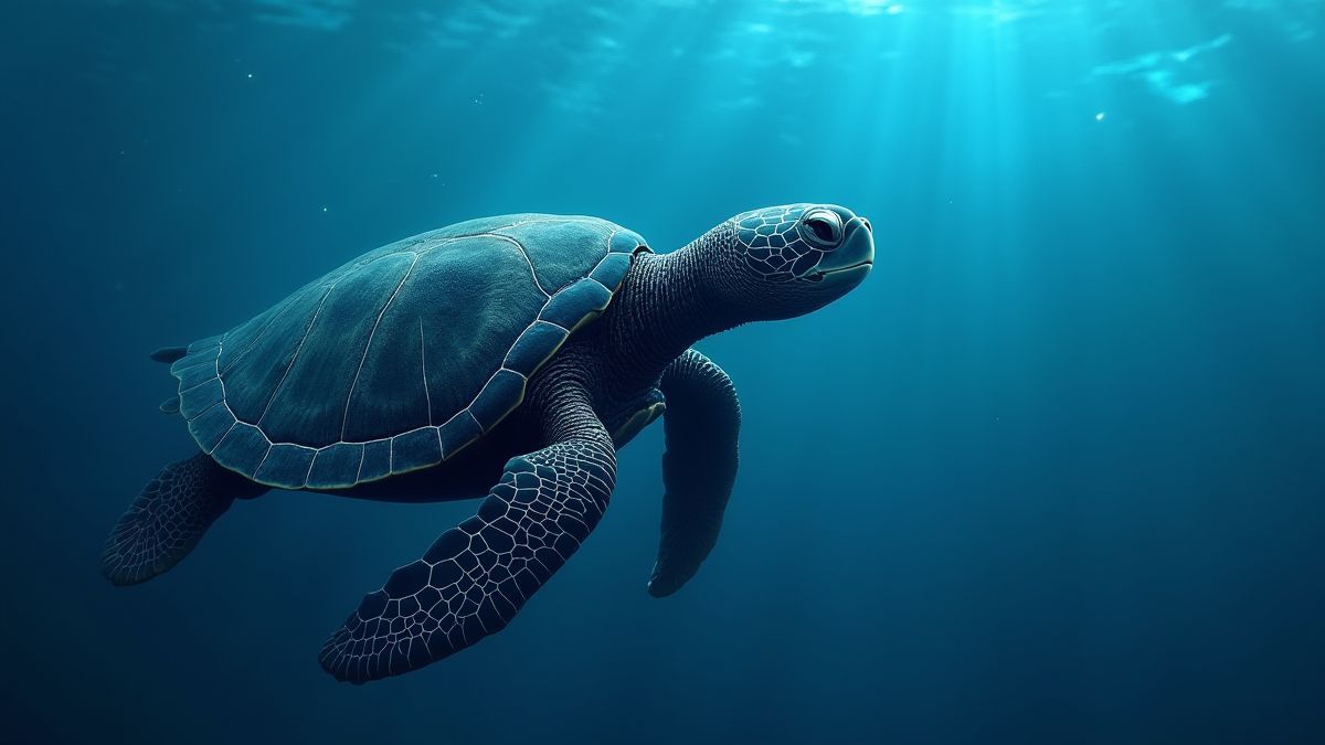 Tortuga negra nadando en un océano místico.