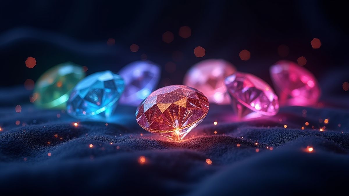Diamants de couleurs brillantes sur fond sombre.
