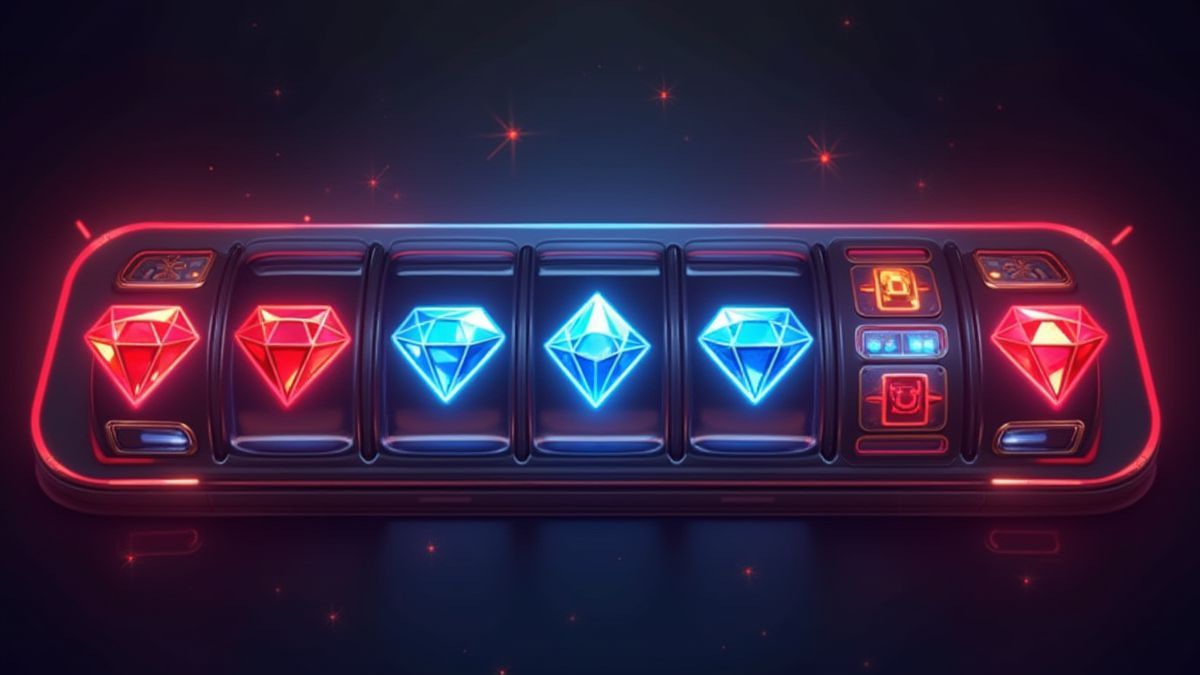 Interface de machine à sous avec boutons brillants et symboles de diamants.
