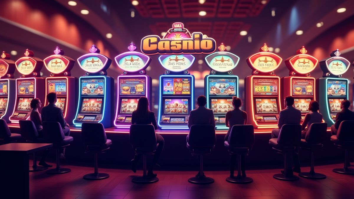 Animated slot machines in a vibrant casino environment.
