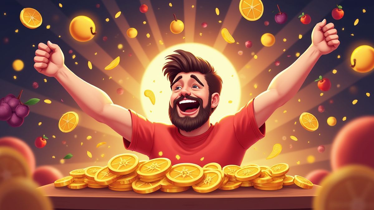 Player celebrating a big win in a fruit slot.