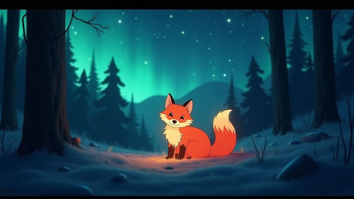 Mystical fox glowing in a forest under the northern lights.