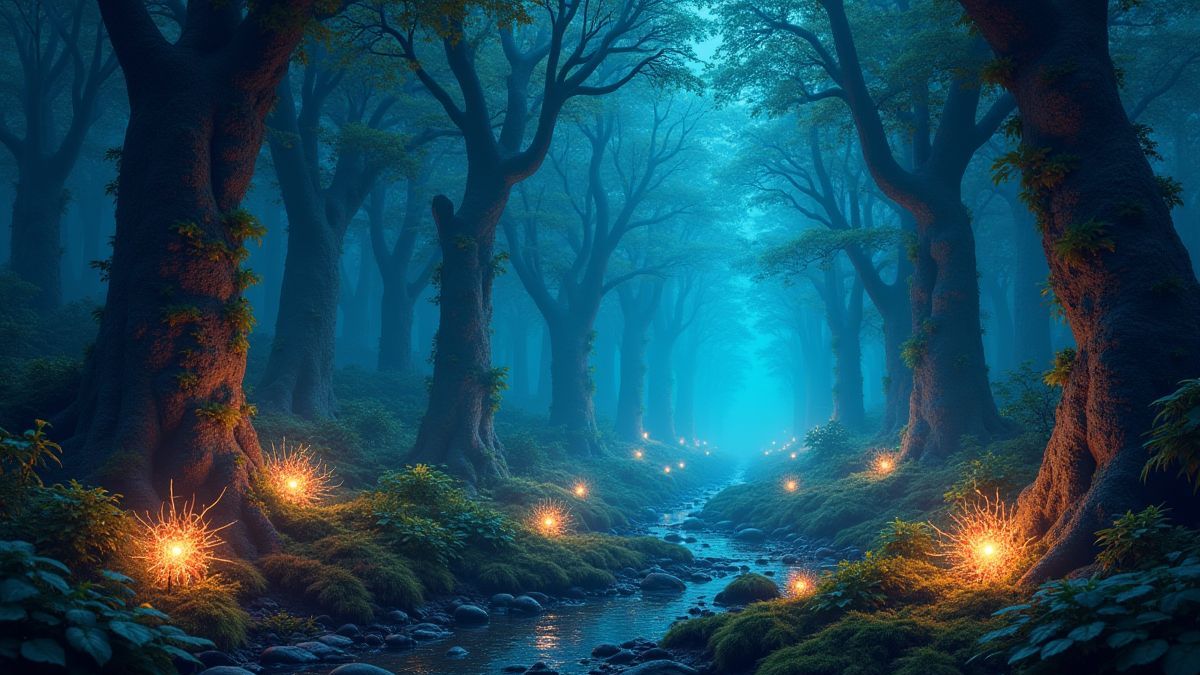 Mystical forest filled with glowing plants and magical creatures.