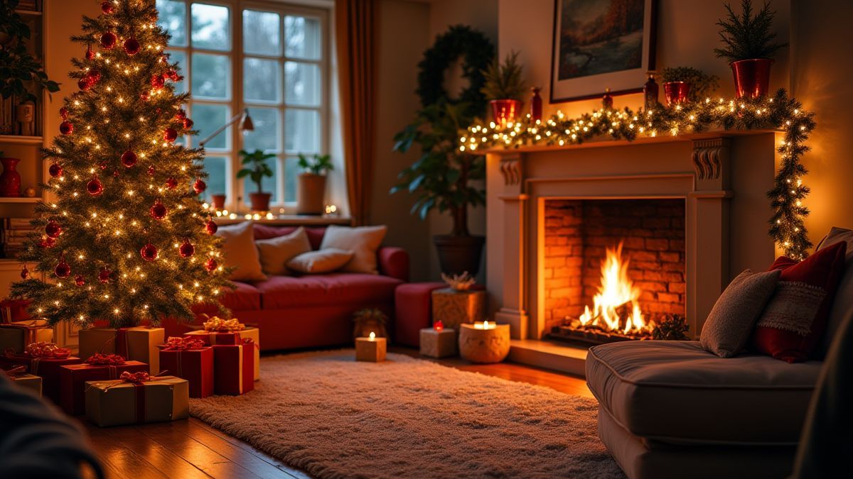 Sala navideña con chimenea, árbol decorado y regalos de lujo.