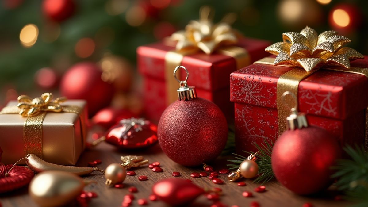 Decoraciones navideñas y regalos de lujo.
