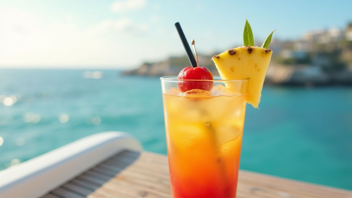 Tropische cocktail op het dek van een jacht met uitzicht op de zee.