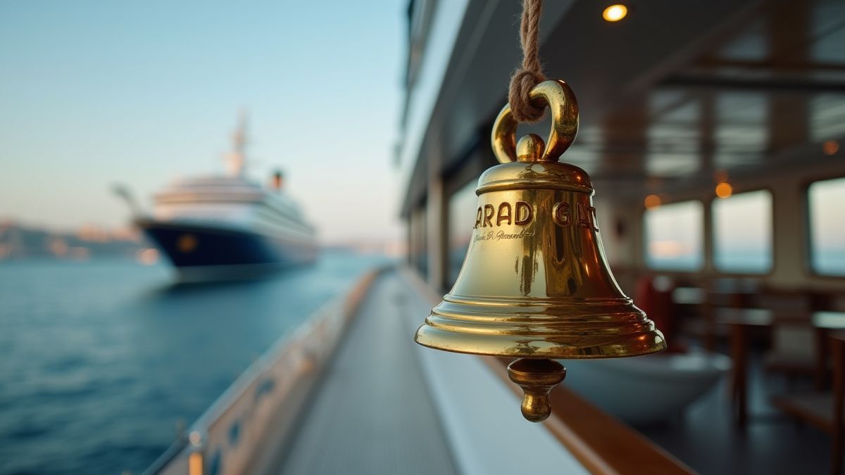 Gouden scheepsbel op een luxe jacht, symboliserend rijkdom en avontuur.