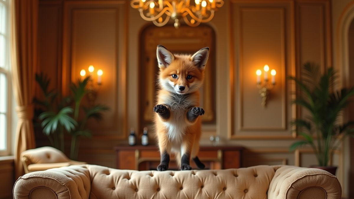 Interior of a luxurious mansion with golden details and a playful fox pup.