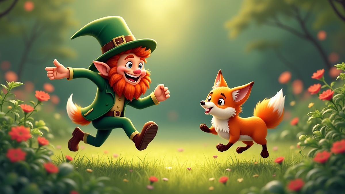 A mischievous leprechaun running through a garden while a fox chases him.