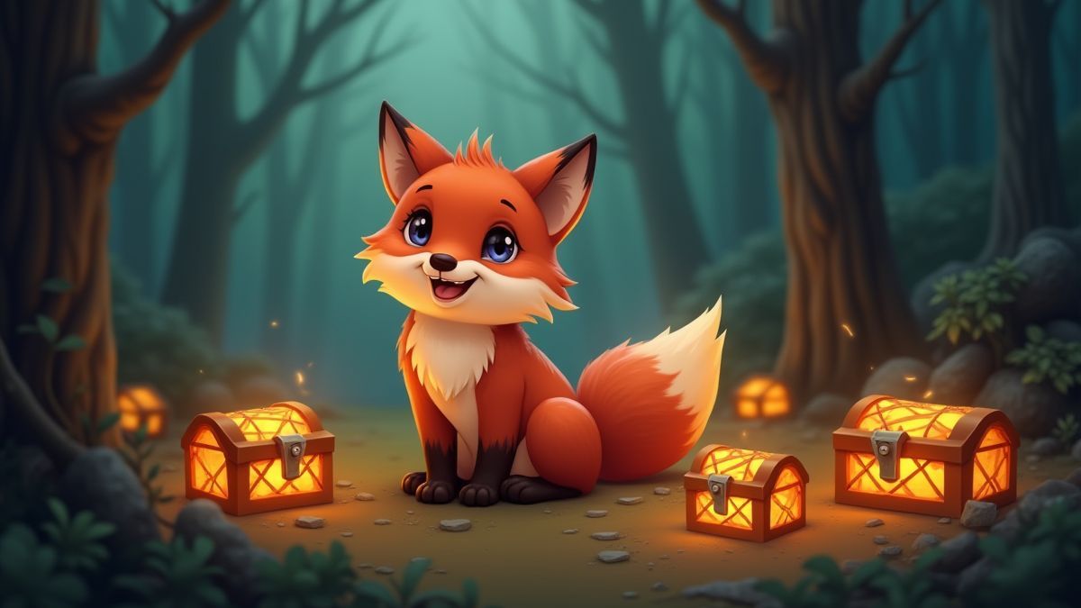 Ein Fuchs umgeben von leuchtenden Schatztruhen in einem Wald.