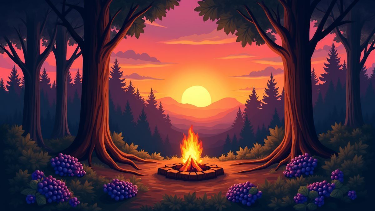 Ein gemütlicher Wald bei Sonnenuntergang mit einem Lagerfeuer und verstreuten Trauben.