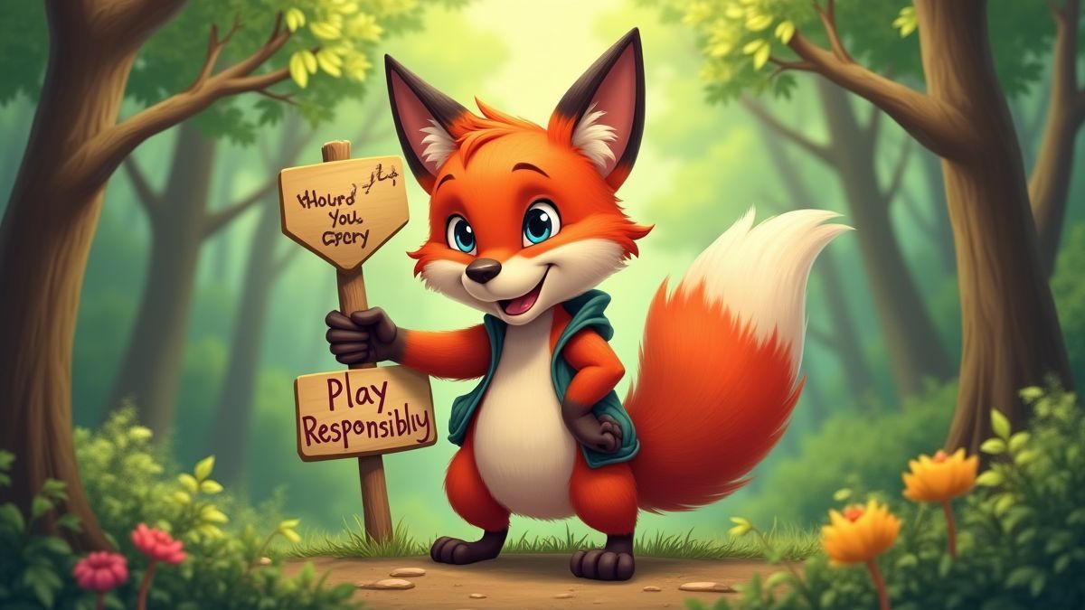 Ein verspielter Fuchs hält ein Schild mit der Aufschrift 'Spiele verantwortungsbewusst' in einer lebhaften Waldszene.