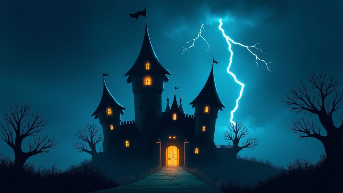 Un castillo espeluznante con rayos en el fondo.