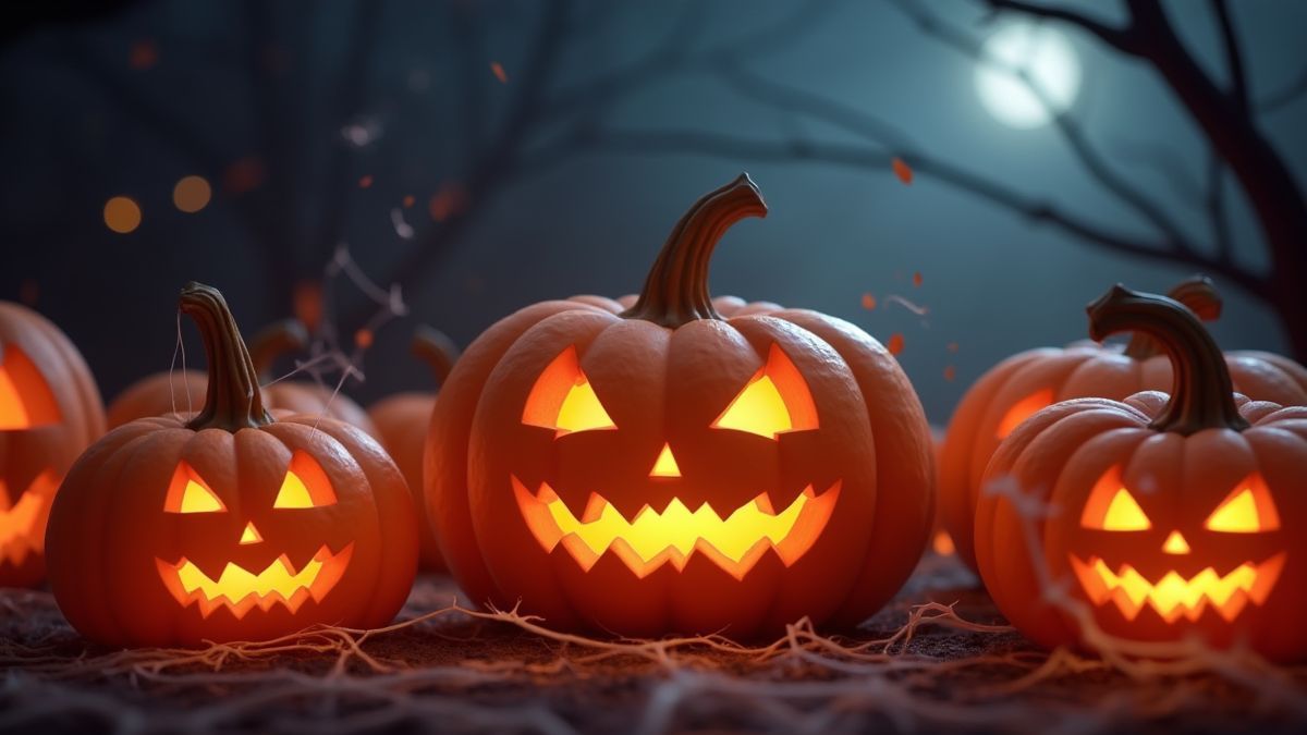 Calabazas animadas y telarañas en un escenario espeluznante.