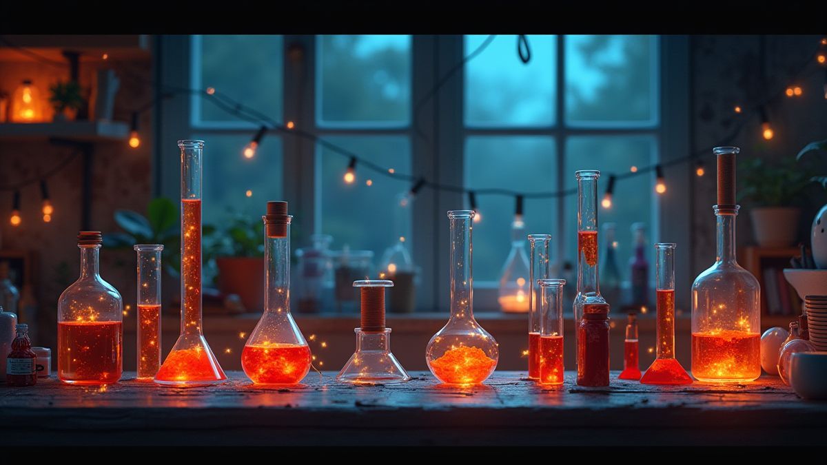 Laboratório com tubos de ensaio brilhantes e faíscas elétricas.
