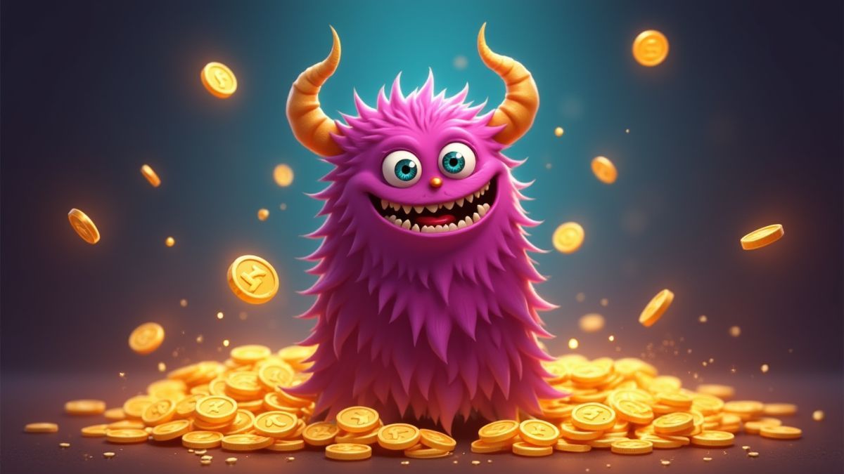 Monstro divertido rodeado de moedas brilhantes e símbolos de bônus.