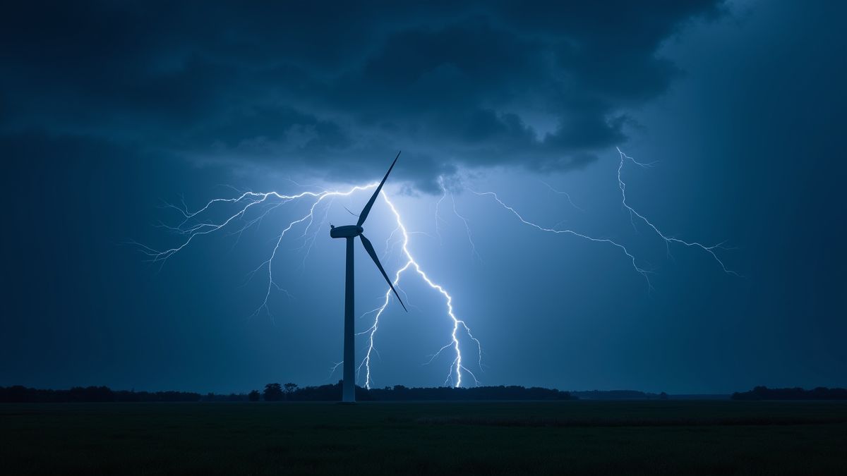 Windmühle in einer stürmischen Nacht umgeben von Blitzen.