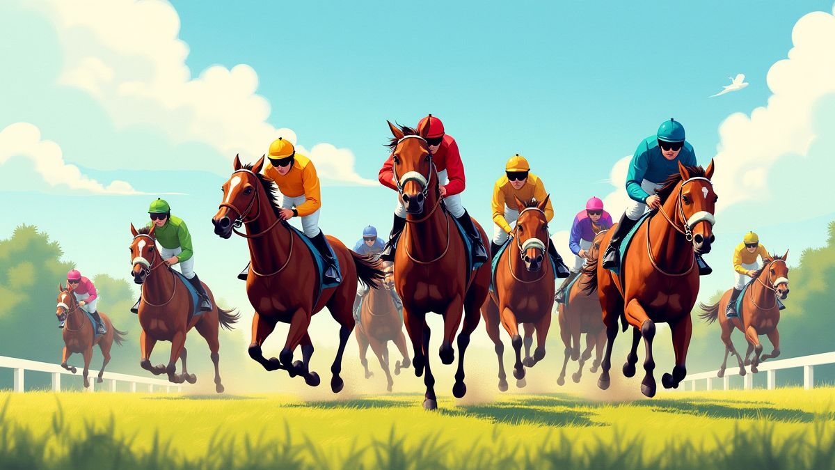 Course de chevaux avec jockeys en costumes colorés