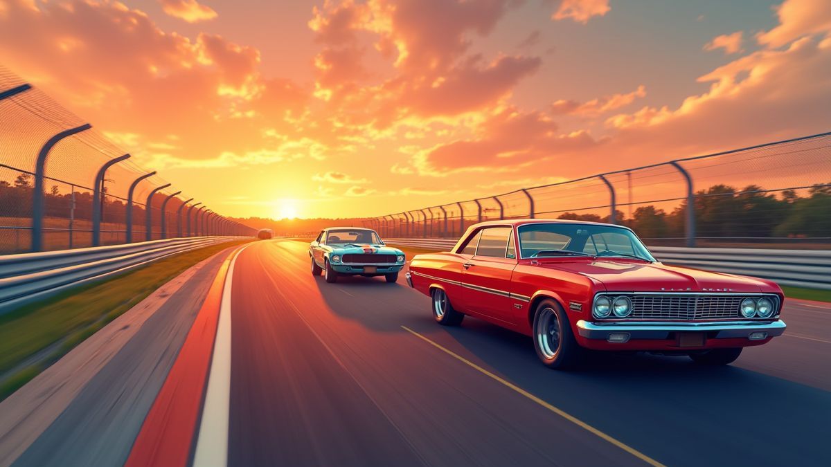 Voitures de course vintage sous le coucher de soleil